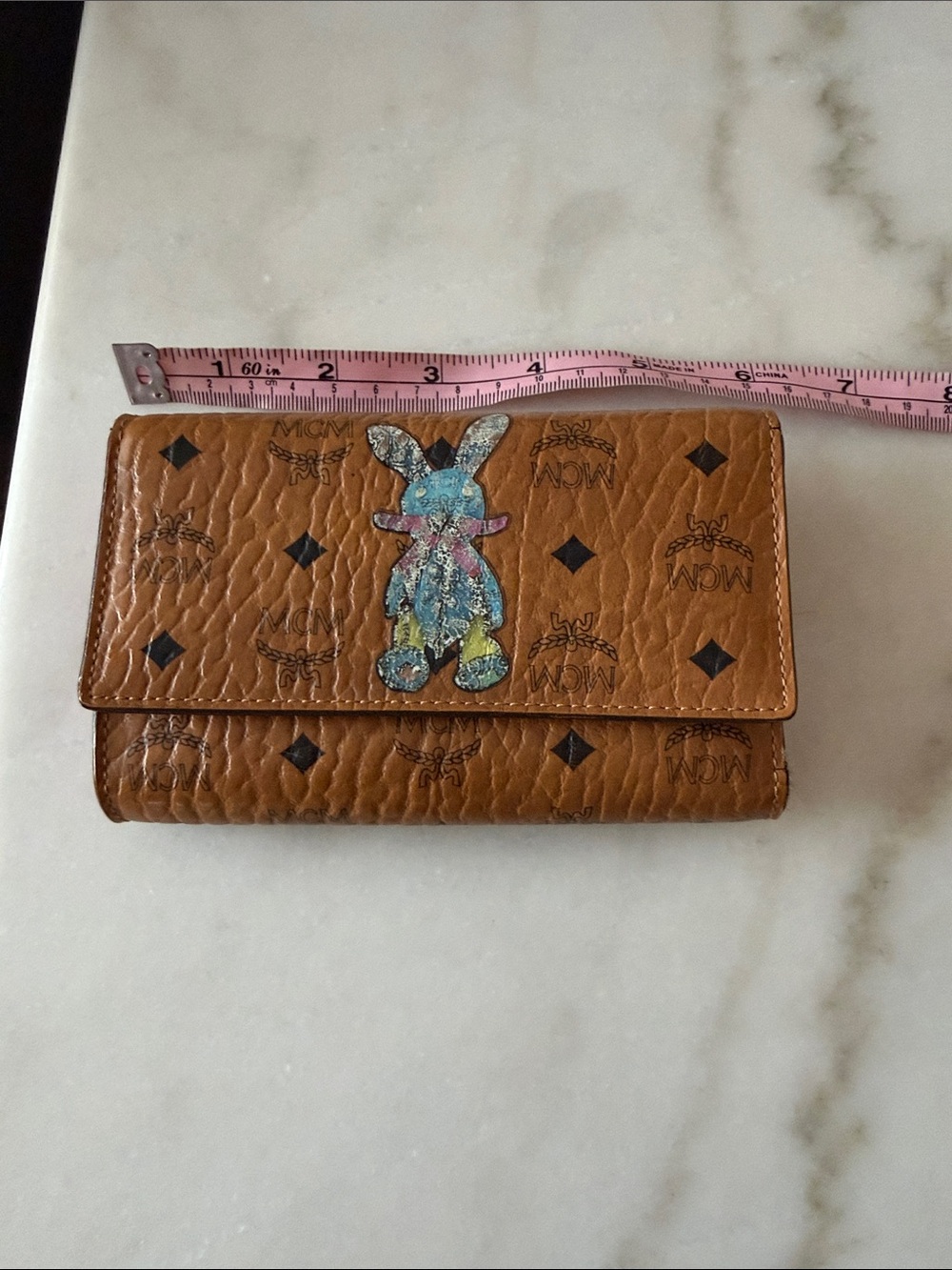MCM Tan Logo Leather Wallet with Multicolor Bunny Patch